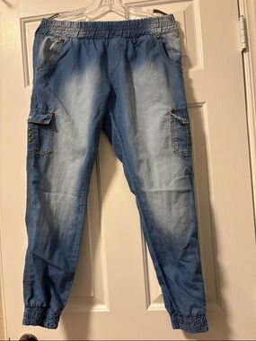 Light Blue Denim Cargo Joggers - Women's Casual Pants